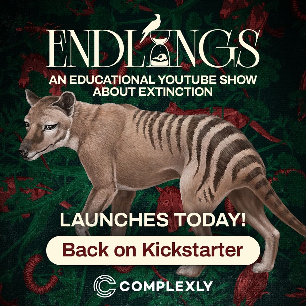Endlings, an educational YouTube show about extinction, launches today on Kickstarter!

Jungle vines in background hide red images of endlings and extinct species, and a Thylocene in the center