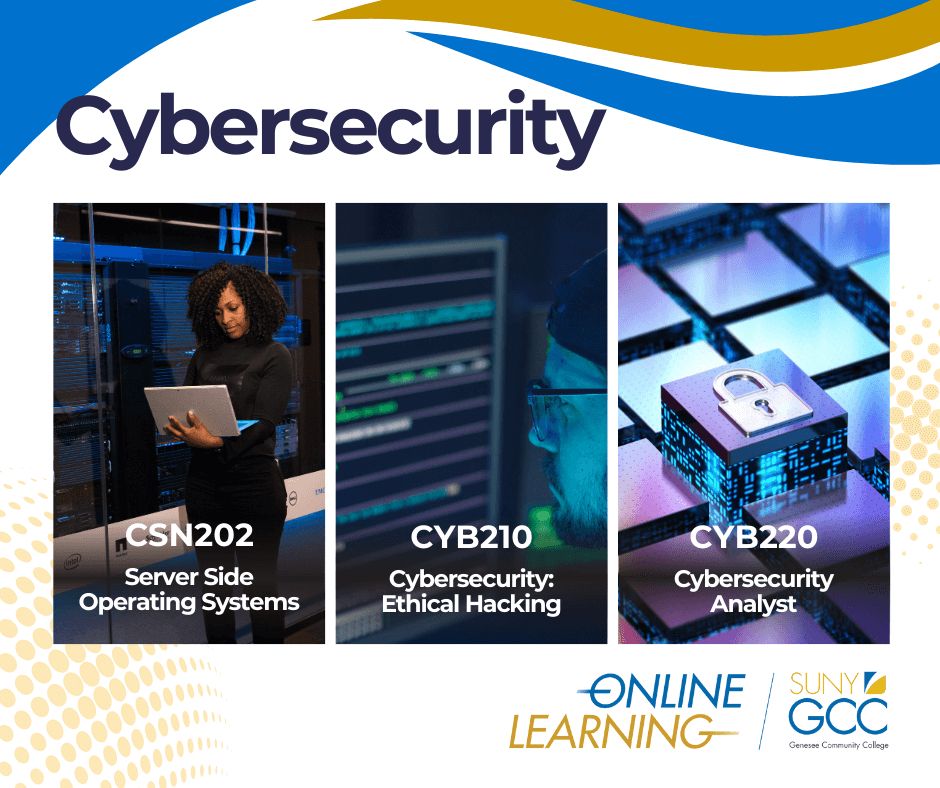 Colorful images for Server Operating Systems, Ethical Hacking, and Cybersecurity Analyst courses.