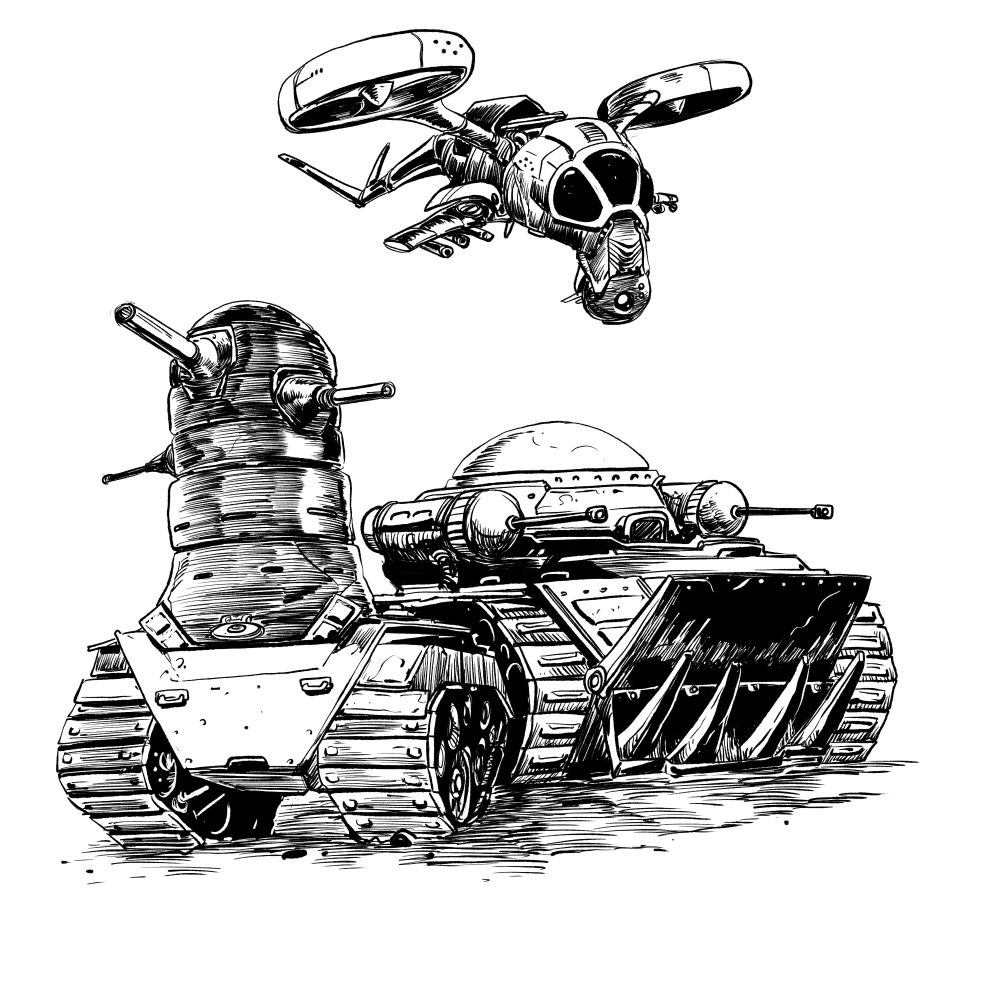 An illustration of a variety of tanks and flying vehicles