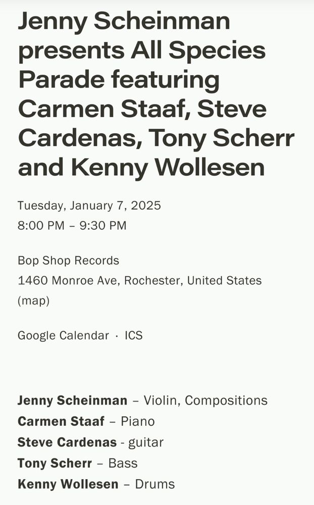 Jenny Scheinman presents All Species Parade featuring Carmen Staaf, Steve Cardenas, Tony Scherr and Kenny Wollesen

    Tuesday, January 7, 2025
    8:00 PM 9:30 PM

    Bop Shop Records