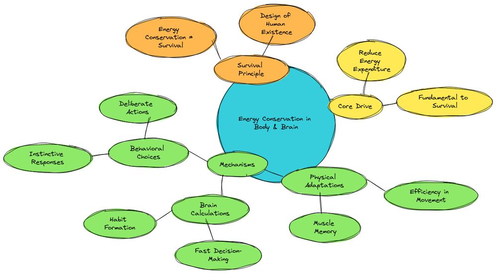 A mindmap explaining the energy conservation principle of the body and brain, drawn "Built To Last: How To Get Stronger, Healthier, And Happier At Every Stage Of Life" by David Amerland 