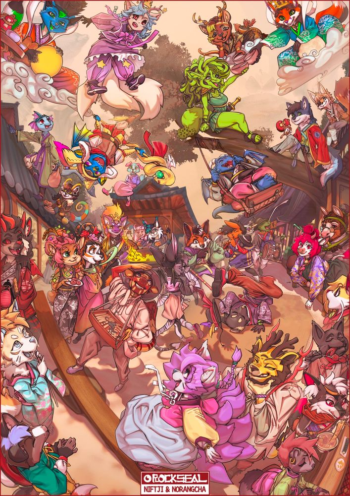 An artwork by Nornagcha and Niftji , a big scene featuring many furry people within the community , this artwork was done for FurDu2025 theme 