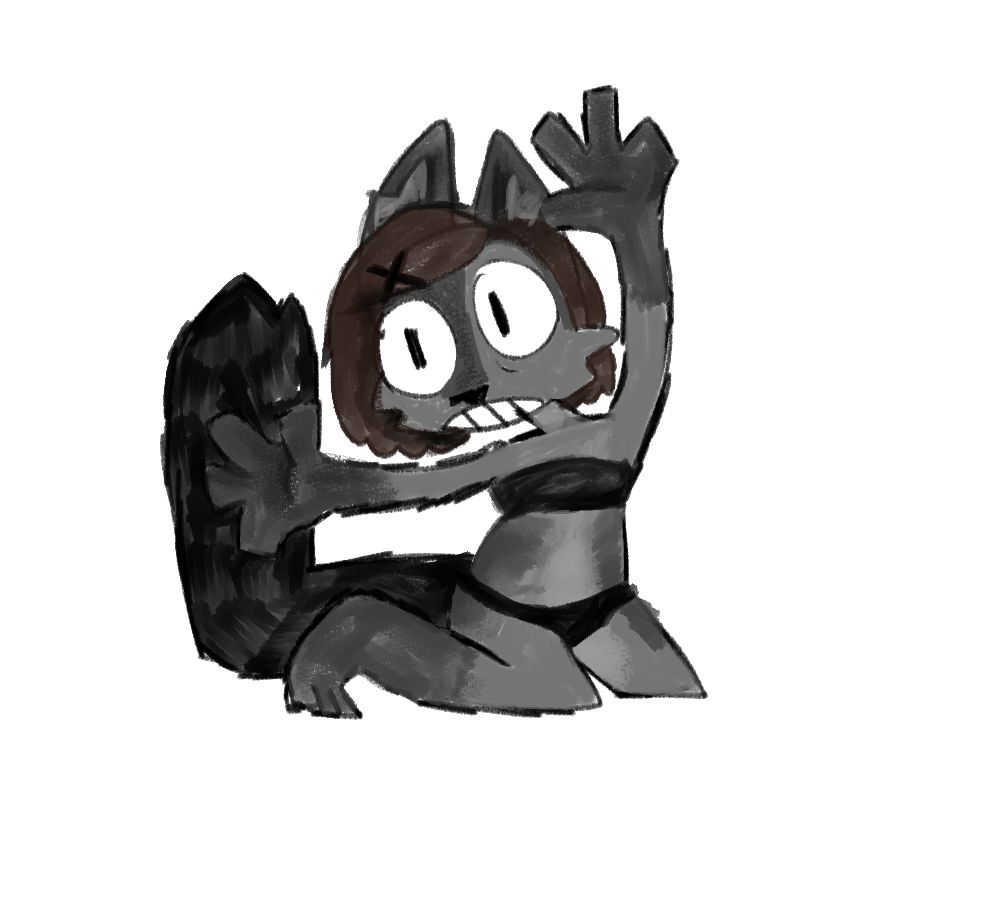 a grey and black fox with brown hair kneels with hands raised. 