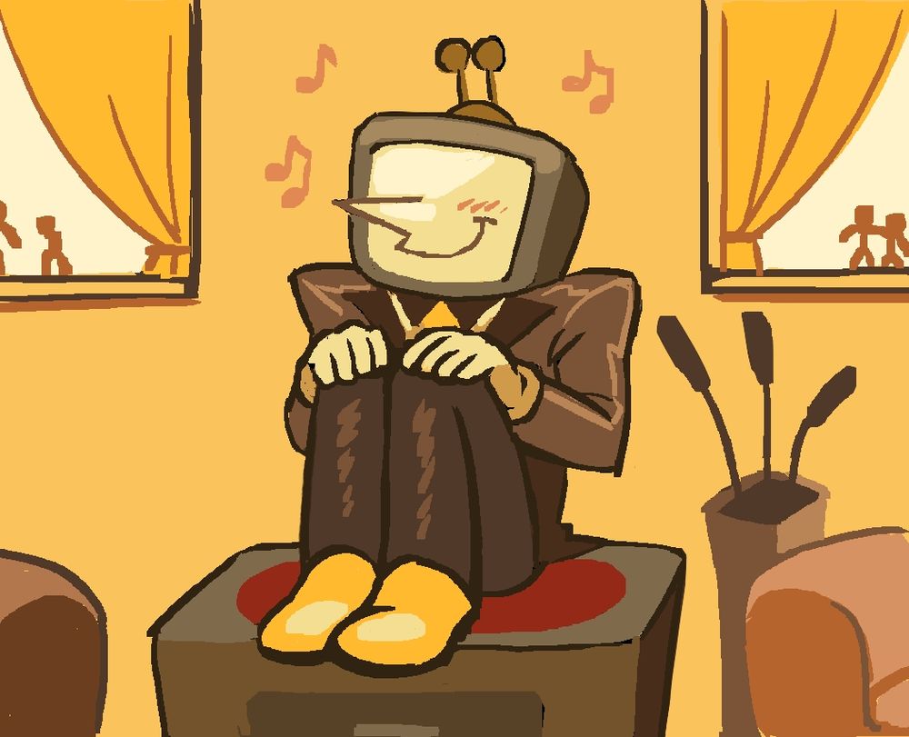 Tenna sits on top of the TV stand in the Dreemurr's living room with his knees pulled up to his chest and music notes around his head. He wears a sweet content smile. His color scheme fits the brown and gold of his "true" self in the Lightner world.