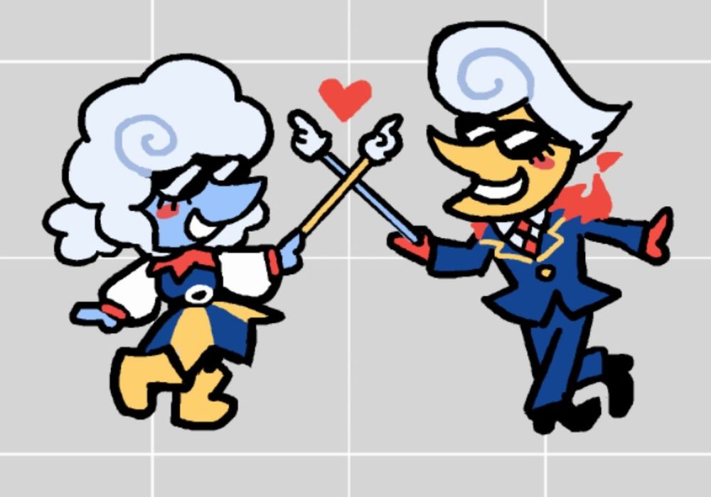 Elnina and Lanino are striking a pose with their pointer sticks crossing, a red heart between them. Theyre both wearing sunglasses and blushing.