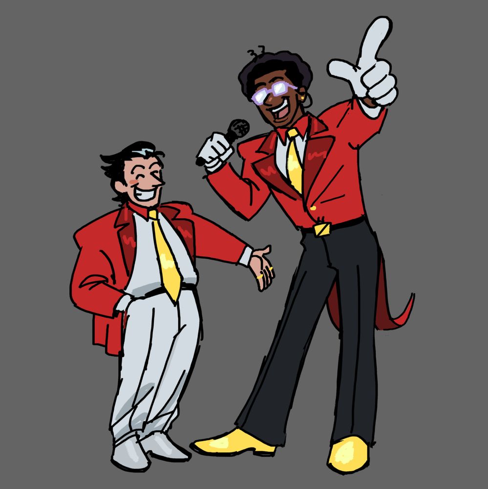 Younger Tenna and Spamton stand posed happily as if hosting their tv program. 