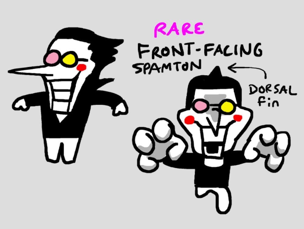 Spamton's default pose with his arms to the side. Spamton running towards the viewer with hands reaching forward and a menacing look. Around him reads  "RARE FRONT-FACING SPAMTON" and "DORSAL fin" with an arrow pointing to the back of his hair, shown to be a flat spike from the front view. 
