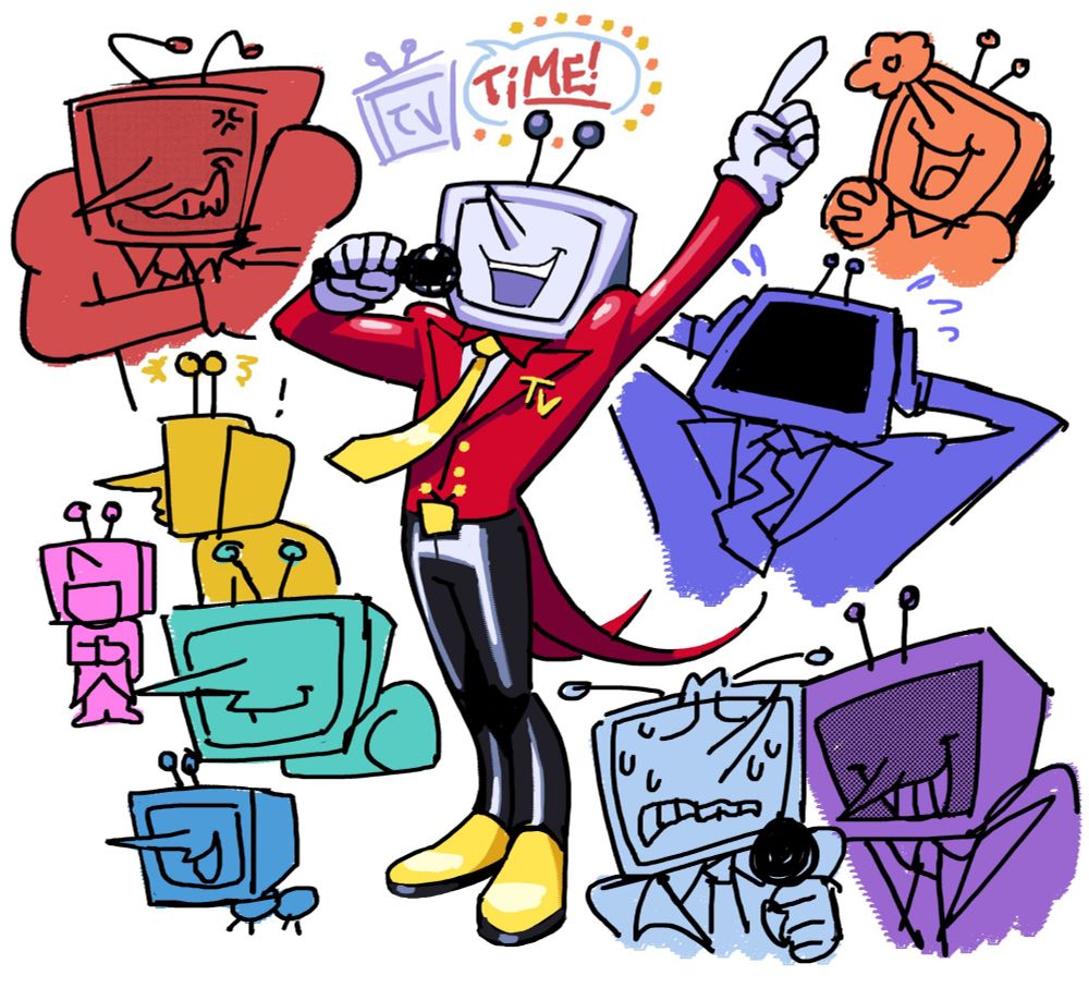 Tenna from Deltarune with his classic hosting pose, mic held to his face and pointing upwards. Hes surrounded by a rainbow of himself showcasing different emotions.