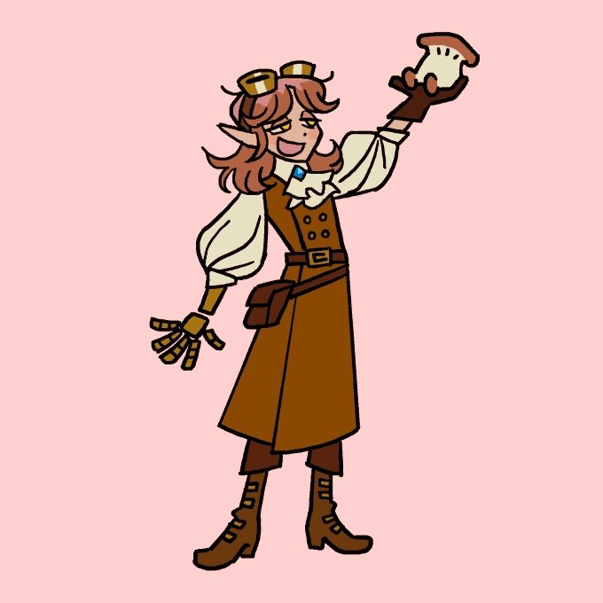 A smiling elf holds up a mushroom with tiny mushroom feet.