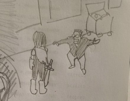A pencil drawing of Kris meeting Spamton in the backalley. Spamton is in some sort of crouch with his arms wide and wandering closer to Kris. 