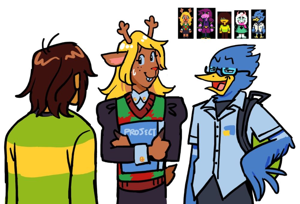 Kris stands with their back to the viewer, in a conversation with Noelle Holiday and Berdly. Noelle looks nervously towards Kris while her head is turned towards Berdly, who is speaking to Kris with a smug condescending expression. In-game pixel sprites of all the kids are hanging above them for my own reference.