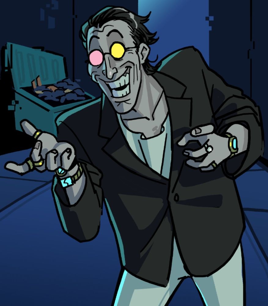 Spamton imagined as a human with an oversized suit jacket, mismatched watches and rings on his hands, his classic pink and yellow glasses, and an extremely toothy sinister smile that wrinkles his face. He jestures offscreen as if trying to make a deal. Behind him stands his dumpster bed in the glitchy backalley.