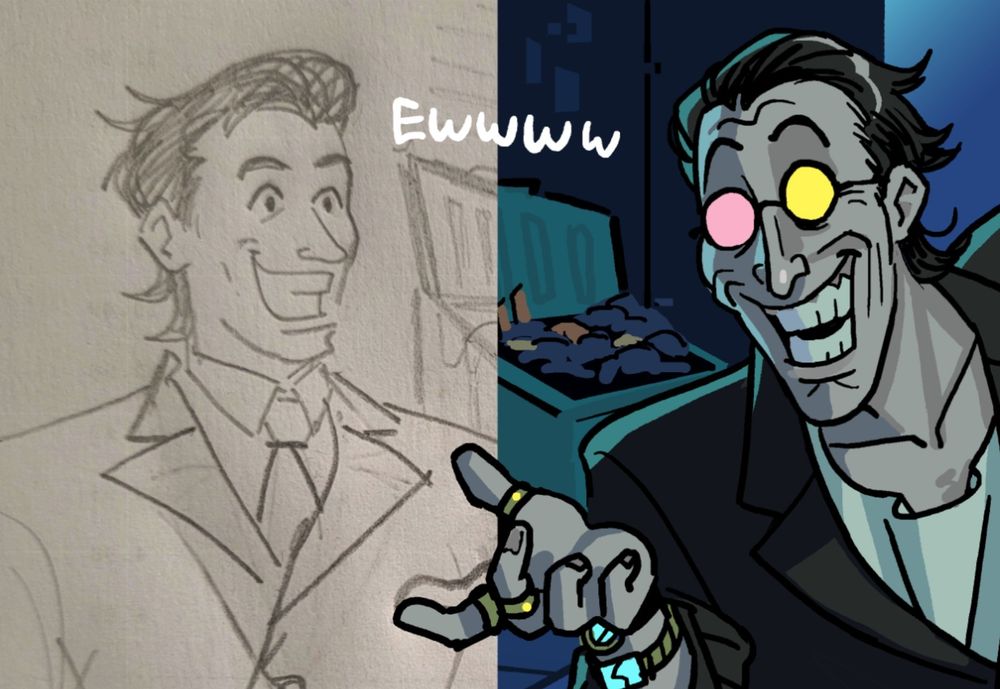 A pencil drawing of a younger, healthier human spamton in a similarly oversized suit, undershirt and tie sits across from the older slimy Spamton. He has a similarly enthusiastic smile. "Ewwww" is written between the two.