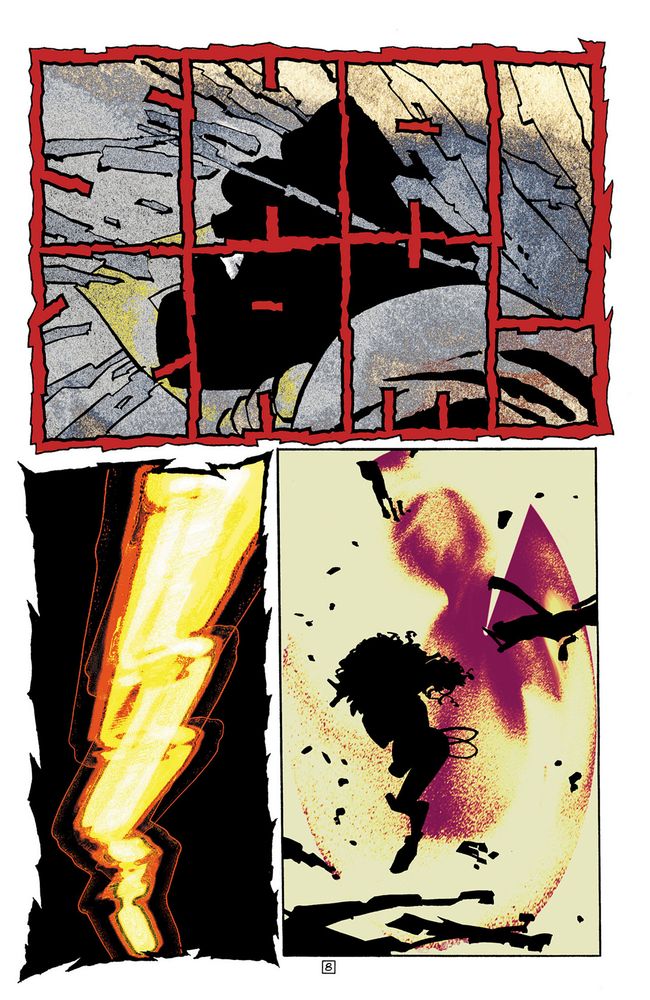 Gigantic SHAZAM panels showing the lightning and carnage as CAP passes and the explosions caused.