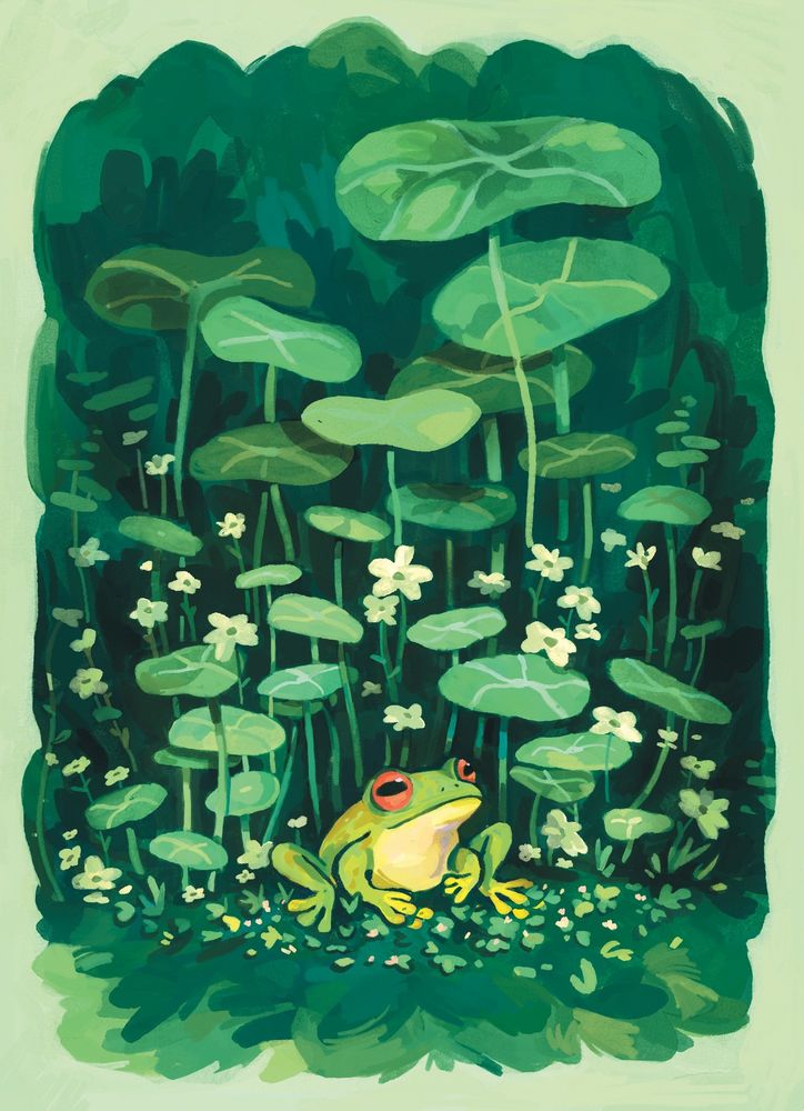 A digital illustration of a green tree frog with red eyes sitting in a patch of green foliage.