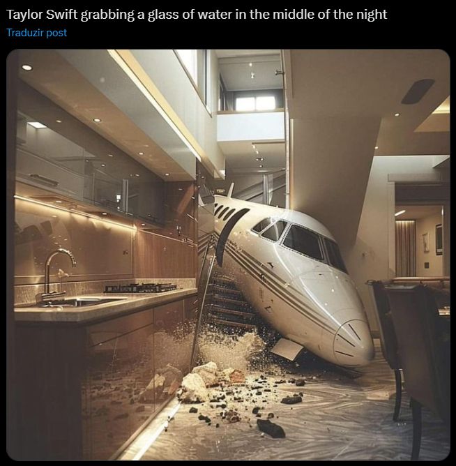 A parte da frente de um jatinho particular atravessada numa cozinha. Na parte de cima vem escrito: "Taylor Swift pegando um copo d'água no meio da noite" em inglês.