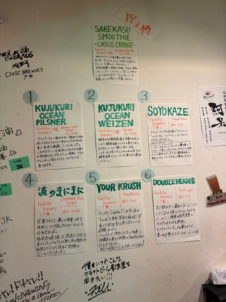 【SAKEKASU SMOOTHIE - CASSIS ORANGE -】 Kankiku Brewery (千種) | Alc. 5.0% お米と麹を使った日本の文化である「SAKE」を、もっと自由に楽しんで欲しいという想いで生まれたSAKEMOOTHIEのシリーズ。今回は濃厚な果実の甘みが特徴のカシスと、爽やかなオレンジをメインに使用し、ホップとの相性も考え、ビール酵母で発酵させました。
【1 KUJUKURI OCEAN PILSNER】 Kankiku (千種) Saison-style Pilsner | ABV: 5.5% キレのある味わいが飲みやすく、程よいモルトの旨味が後を引くクラシカルなピルスナーのボディ感。ハーブのような爽やかなアロマが特徴のドイツ産ノーブルホップ「ハラタウブラン」を贅沢に使用し、グラスから立ちのぼる爽やかなアロマと、鼻から抜けるスパイシーでフラワリーなアロマを楽しめます。
【2 KUJUKURI OCEAN WEIZEN】 Kankiku (千種) Weizen Brewery | Alc. 5% 南国のような柑橘系の香りと、バナナを思わせるエステル香が調和し、軽快な飲み心地に仕上げました。小麦モルトを使用することで生まれる、まろやかな口当たりと爽やかな酸味、ホップの苦味のバランスが非常に良く、何杯でも飲める一杯です。
【3 SOYOKAZE】 Kankiku Italian Pilsner Brewery | ABV: 5% グラスにアロマホップの草原を思わせるアロマ、スパイシーなドライ感、そしてクリスプでクリーンな後味が特徴。ノーブルホップを贅沢に使用し、華やかさと苦味を強調し、クラシックなピルスナーに仕上げました。モルトの風味とホップのアロマが鮮やかに駆け抜け、味わい深くもクリーンな飲み心地が楽しめます。
【4 波のまにまに】 Kankiku Dryhopped Rice Saison | ABV: 5.0% 定着農工を意識し、コシヒカリの米を贅沢に使用したSaison-styleのドライなビール。ホップの持つ爽やかな柑橘感とドライな後味が特徴で、食中酒としても最適です。
【5 YOUR KRUSH】 Kankiku Hazy Pale Ale Brewery | ABV: 5% 「ホップの王様」と呼ばれるホップ界のKing of Hop「モザイク」と、その妻と娘と噂される「シムコー」「シトラ」を贅沢に使用。ホップの持つ柑橘感とドライな後味が特徴のHazy Pale Ale。ふんだんに使用したホップが織りなす南国を思わせるトロピカルなアロマと、ホップ由来の苦味が特徴的でドライな飲み心地が特徴の一杯。
【6 DOUBLE HEADER】 Kankiku Black Lager Brewery | ABV: 5% 気品のある香りと豊かなロースト感、そしてキレの良い切れ味が特徴のブラックラガー。モルトをベースに、複数種のローストモルトを使用することで、複雑な香りと深みのある味わいを実現。モルトとホップのバランスが絶妙な、重すぎず軽快なダークラガーです。