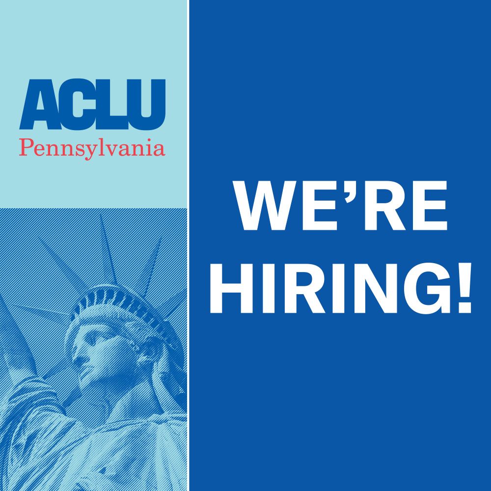 A light blue and dark blue filter of the Statue of Lady Liberty on the bottom left with text that says, "We're hiring!". 