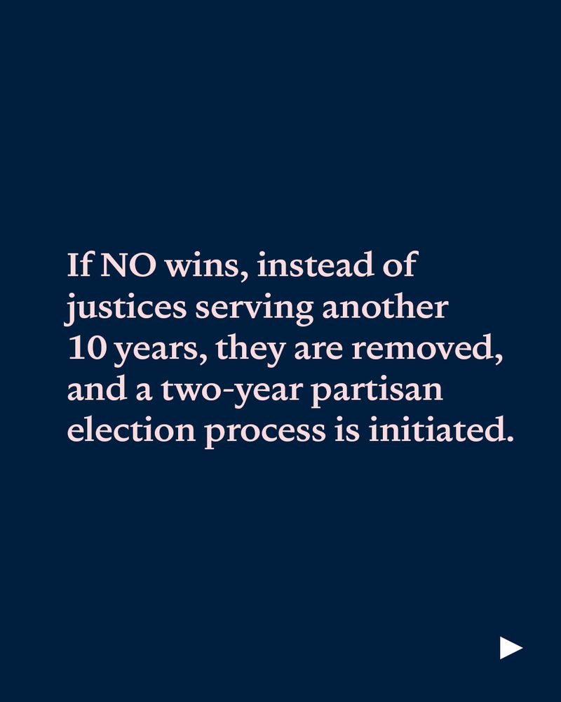 Text on a dark blue graphic that says, "If no wins, instead of justices serving another 10 years, they are removed, and a two-year partisan election process is initiated".