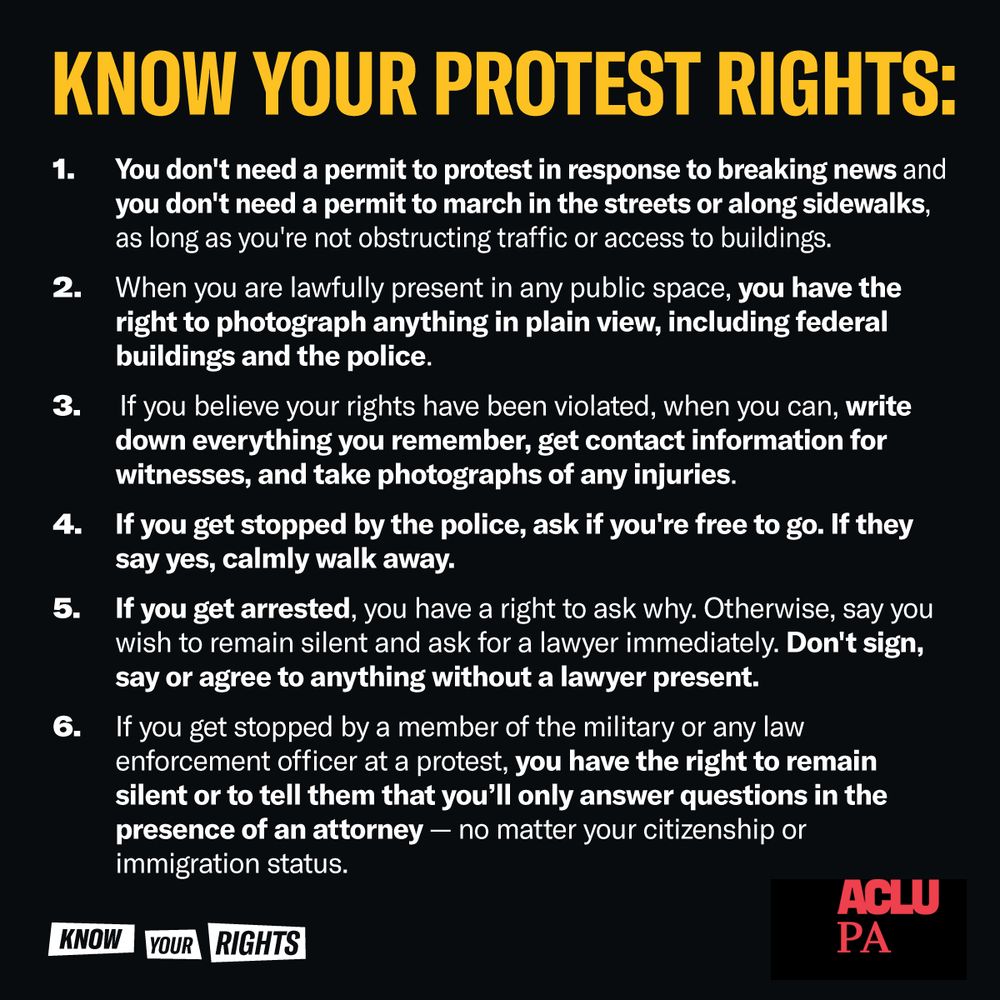 Text on a black graphic that showcases a list of rights related to protesting. The list including, you don't need a permit to protest in response to breaking news and you don't need a permit to march in the strrets or along sidewalks, as long as you're not obstructing traffic or access to buildings.