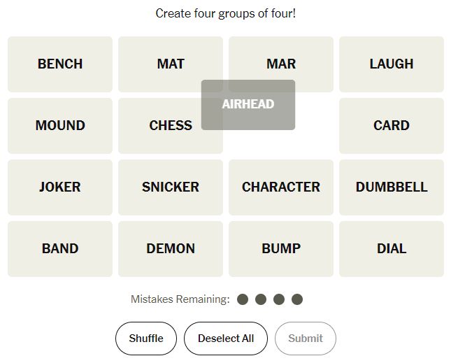A four by four grid of words.