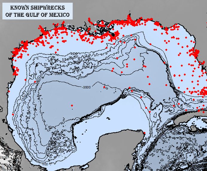 "Known Shipwrecks of the Gulf of Mexico". Bathy view. Lots of red dots along the coast, and some in deeper water.