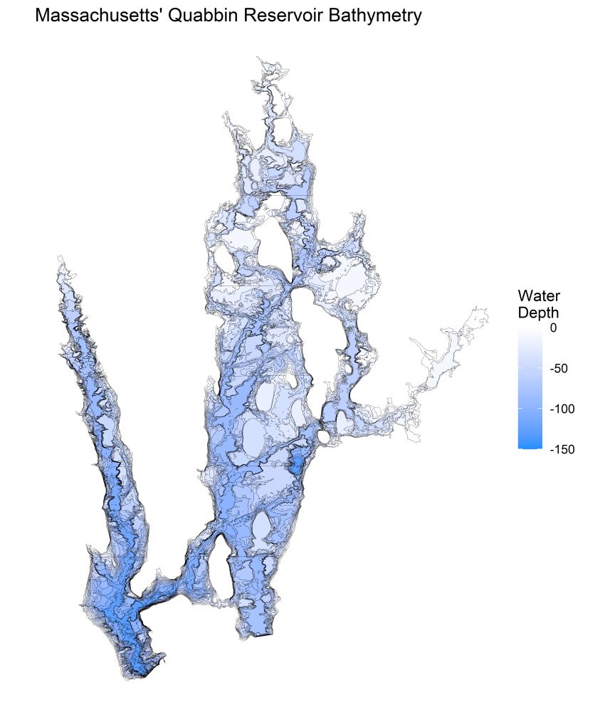Depth chart of the Quabbin Reservoir, looking like two blue-white flames running north-south. Colorful and pretty.