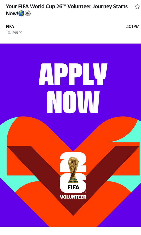 FIFA banner: apply now to volunteer!