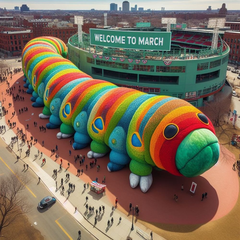 aerial photo of a giant colorful segmented caterpillar, with a sign Welcome to March, at Fenway Park; created by Microsoft Bing Image Creator AI