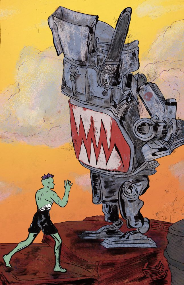Illustration of robot monster caring a young Frankenstein boy