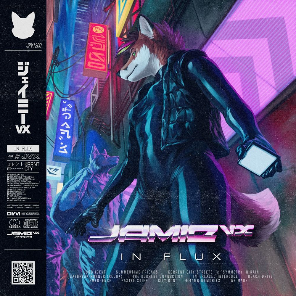 Cover art for my album "In Flux" featuring my vixen fursona in a black latex catsuit and black sleeveless jacket in a Cyberpunk street setting.
