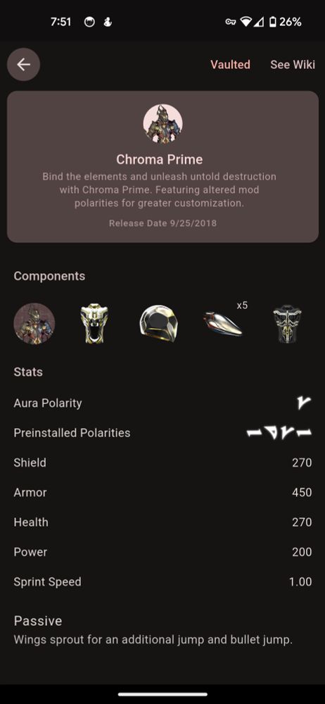 After shot of cephalon navis codex entry for chroma prime