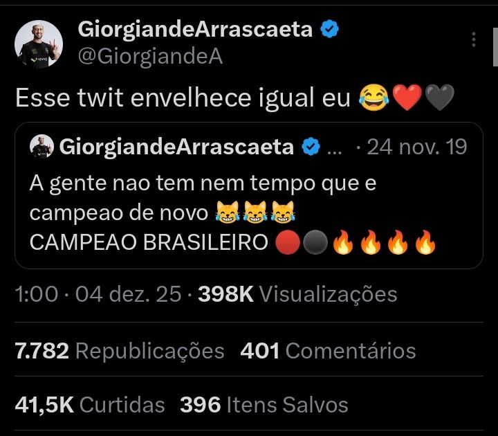 Tweet do Arrascaeta dando RT num tweet dele se 2019 que ele diz: a gente não tem tempo que é campeão de novo. CAMPEÃO BRASILEIRO. 

Ele acrescentou no RT "Esse twit envelhece igual eu