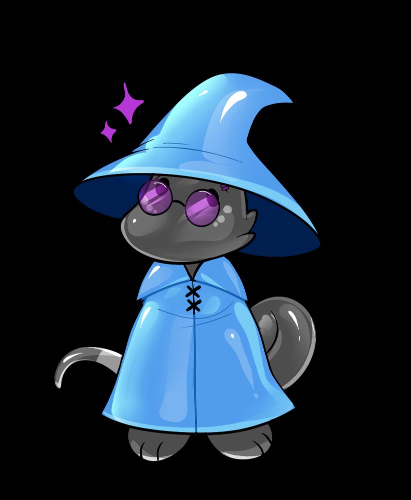 A rubber worm on a string in a wizard hat and cape and glasses with purple lenses sparkles, looking cute 