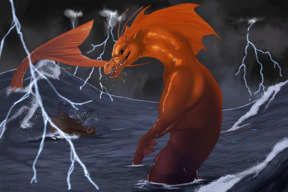 A glossy sea monster in roiling waves, surrounded by lightning as a ship tries to plot a course through the stormy sea that the monster has created 