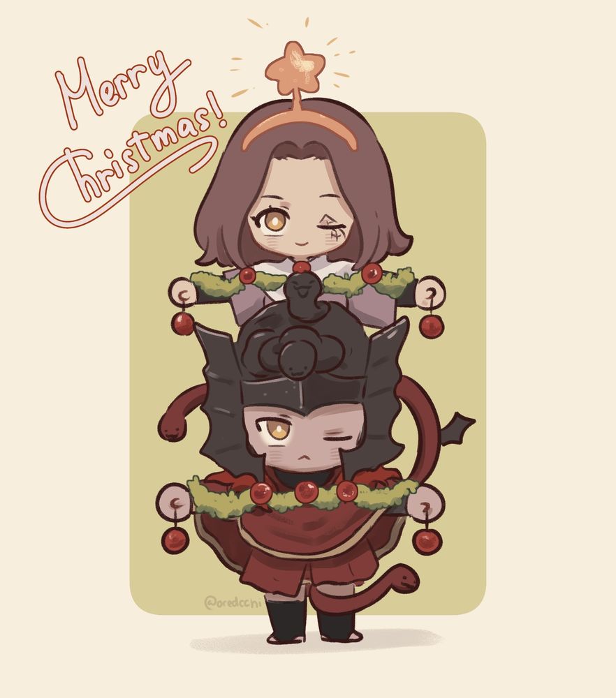 Messmer and Melina from Elden Ring pretending to be a Christmas tree