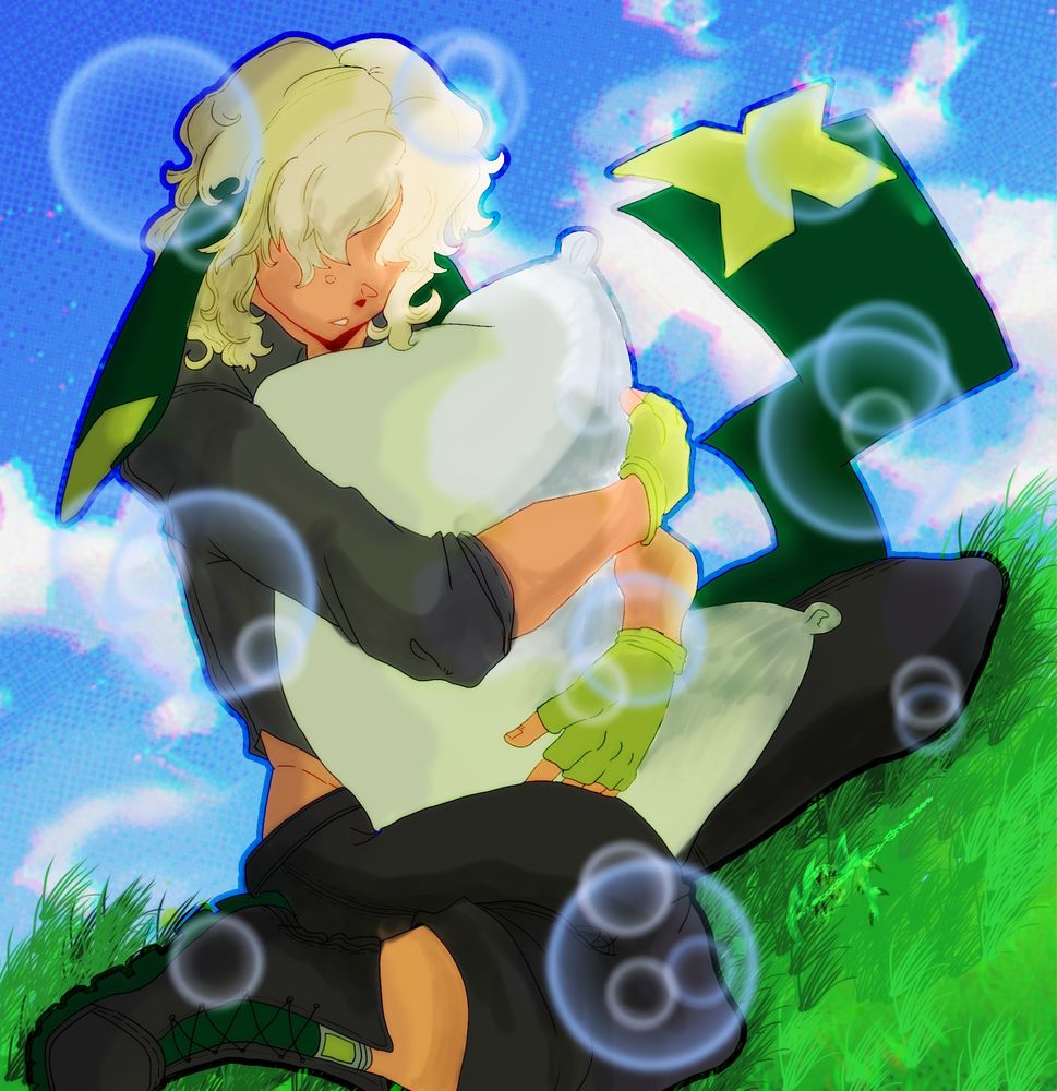 Pokémon inspired professor monster oc with a pillow, sleeping in a field