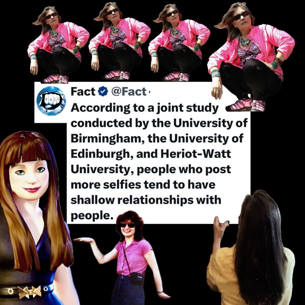 Fact @Fact 
According to a joint study conducted by the University of Birmingham, the University of Edinburgh, and Heriot-Watt University, people who post more selfies tend to have shallow relationships with people.
Photos and cartoons of author D. J. Runnels surrounded the text.