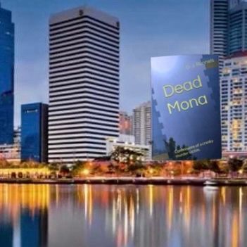 The book Dead Mona superimposed against a city skyline.