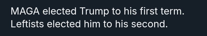 asshole's bio:

MAGA elected Trump to his first term.

Leftists elected him to his second.