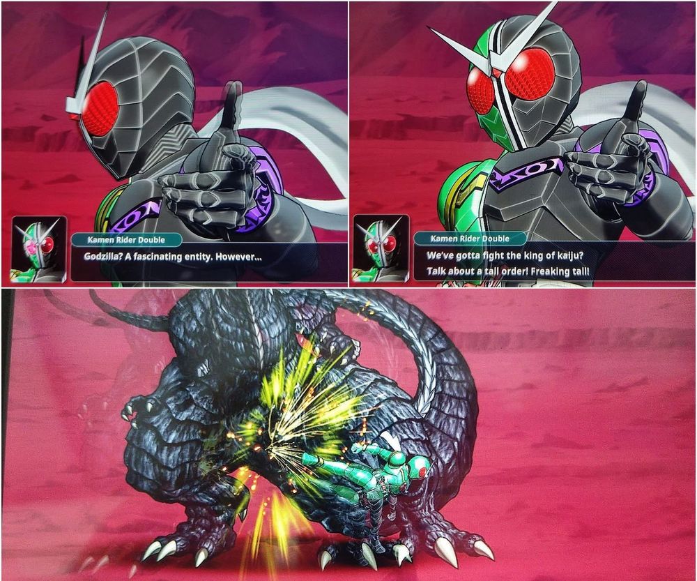 Kamen Rider W kicking Godzilla in Super Robot Wars Y