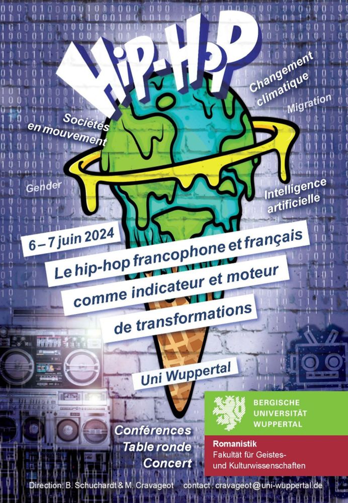 The graffiti of a melting globe in an ice cone sprayed on a wall plus the conference title: " "Le hip-hop francophone et français comme indicateur et moteur de transformations"
