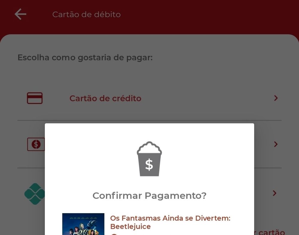 tela de confirmação de pagamento de ingresso para o filme os fantasmas ainda se divertem: beetlejuice