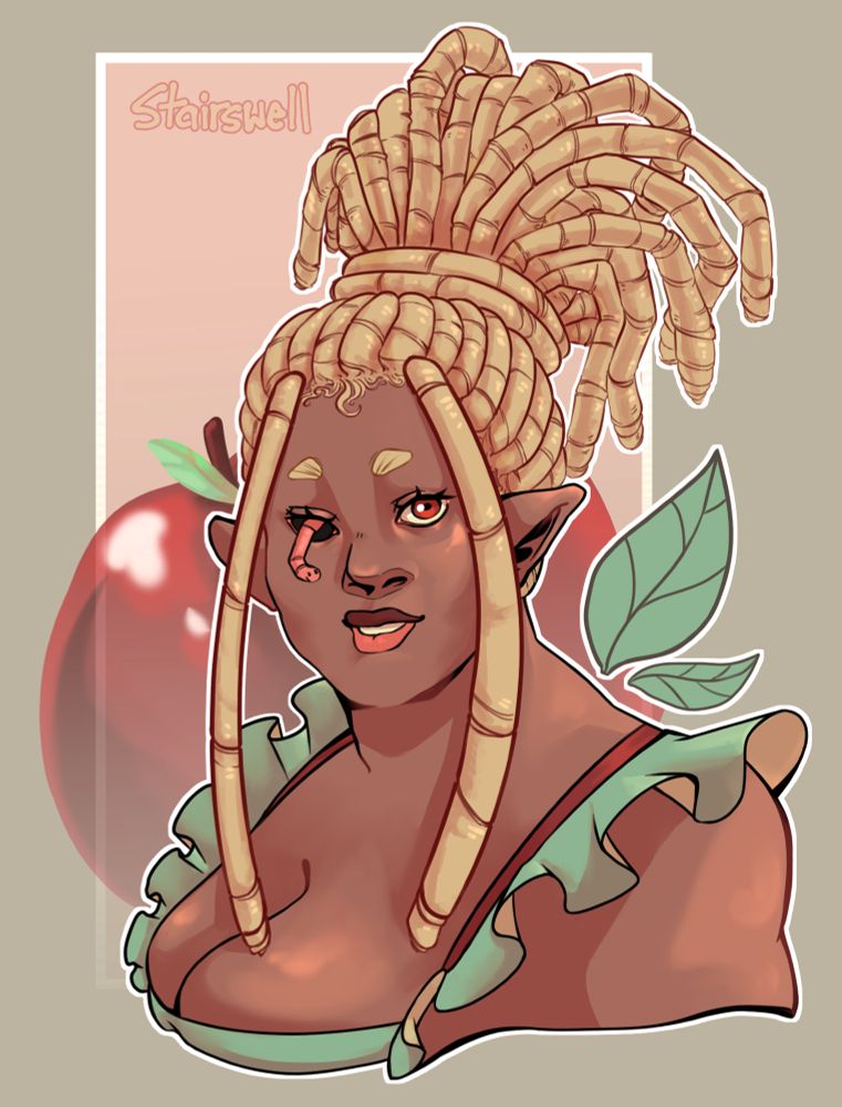 A black elf with long locs gathered in an updo with two left loose to frame her face. She's missing an eye, a smiling earthworm hanging out from the socket. There's two leaves by her side acting as stylized wings and a background image of an apple because... she's an apple fairy.