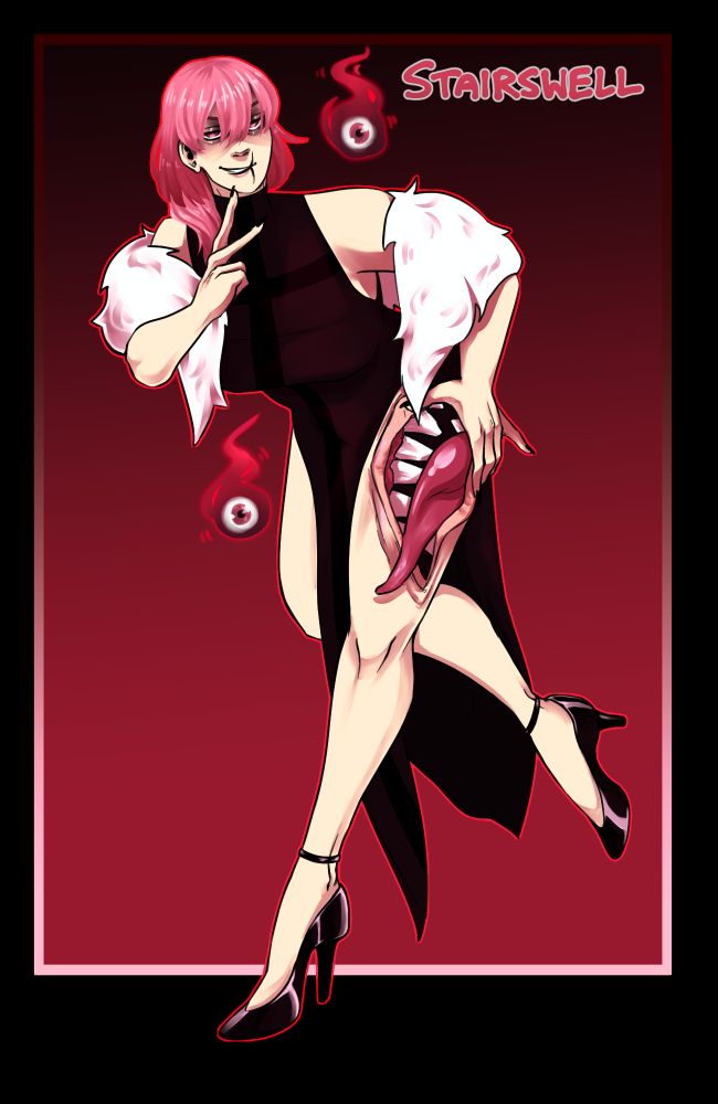 A pink haired woman teasingly displaying the large teeth and tongue opened along her the side of her thigh. She has a scar along her face, a white fur boa, and a cross-patterned sleeveless dress with high side slits (for the leg mouth.) She's framed by two flaming eyeballs.