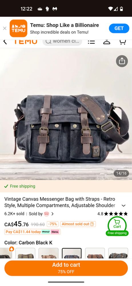 A screenshot of the Temu listing of the original bag that I am altering "vintage canvas messenger bag with straps retro style multiple compartments adjustable shoulder" for $45.76 CAD in the color carbon black k