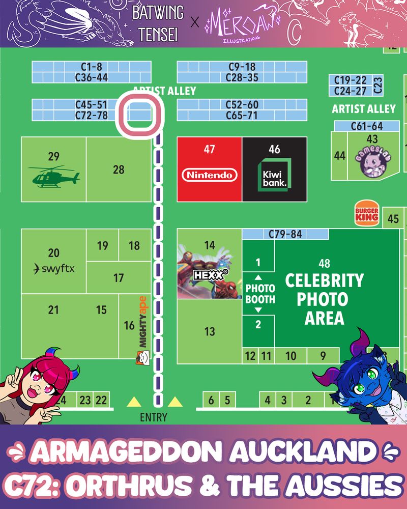 A portion of the map for Armageddon Auckland, showing Tensei's table location at C72.
