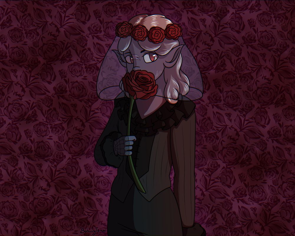 An illustration of Caspian, an elven character with wavy silver hair and red eyes. He wears a crown of roses with a veil covering his face, a grey long sleeve shirt with ruffled collar and cuffs, and black pants. He's holding a large rose over his mouth.