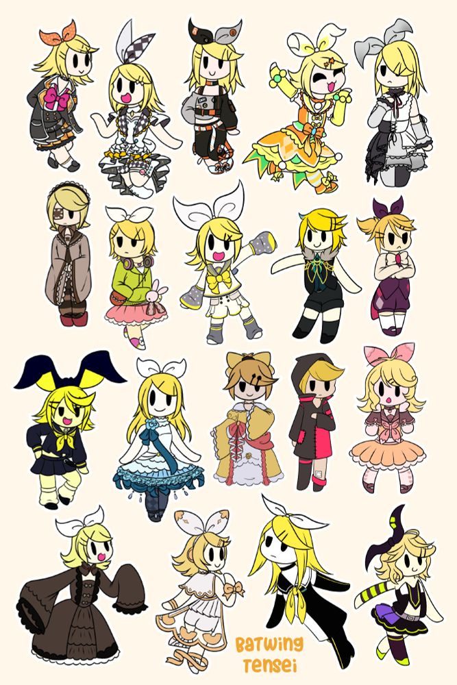 A series of chibi illustrations of Kagamine Rin, the Vocaloid. From top left to bottom right: Project SEKAI [Leo need, More More Jump, Vivid Bad Squad, Wonderlands x Showtime, Nightcord at 25:00], Senbonzakura, Melancholic, V4x, Remote Control, Childish War, Bring It On, Alice in NY, Daughter of Evil, Tokyo Teddy Bear, Koisuru Beam, Bad End Night, Symphony, Meltdown, and Luvuratory.