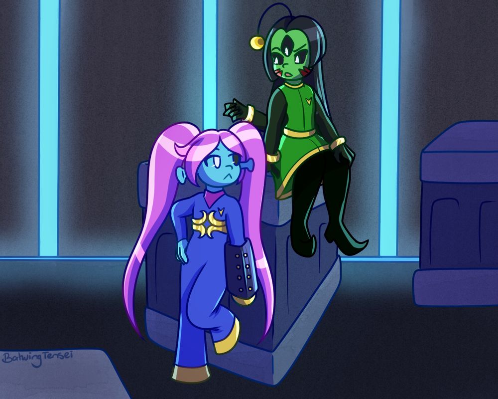 An illustration of two alien characters surrounded by grey crates. Yindy, who has blue skin and long pink twintails, stands against the crate looking up. Behind her Reai, a green alien with three eyes and four arms, sits on the crate chatting.